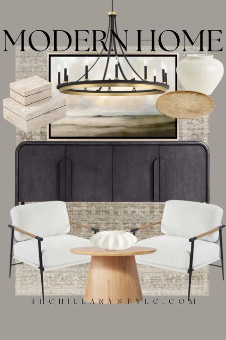 Modern Home: neutral home decor and furniture finds for the modern organic home. White accent chair, black cabinet, console cabinet, oak coffee table, abstract landscape art, display boxes, ceramic vase, gold tray, neutral area rug, black and gold chandelier, ceramic bowl. Crate & Barrel, Wayfair, All Modern, Joss & Main, H&M.

#LTKStyleTip #LTKSeasonal #LTKHome