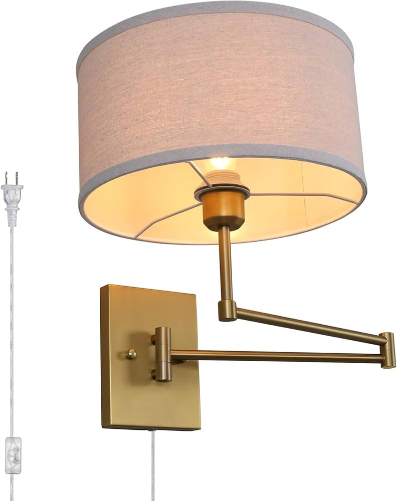 PERMO Plug in Wall Sconce Linen Fabric Wall Sconce Light Fixture with Double Metal Swing Arm and ... | Amazon (US)
