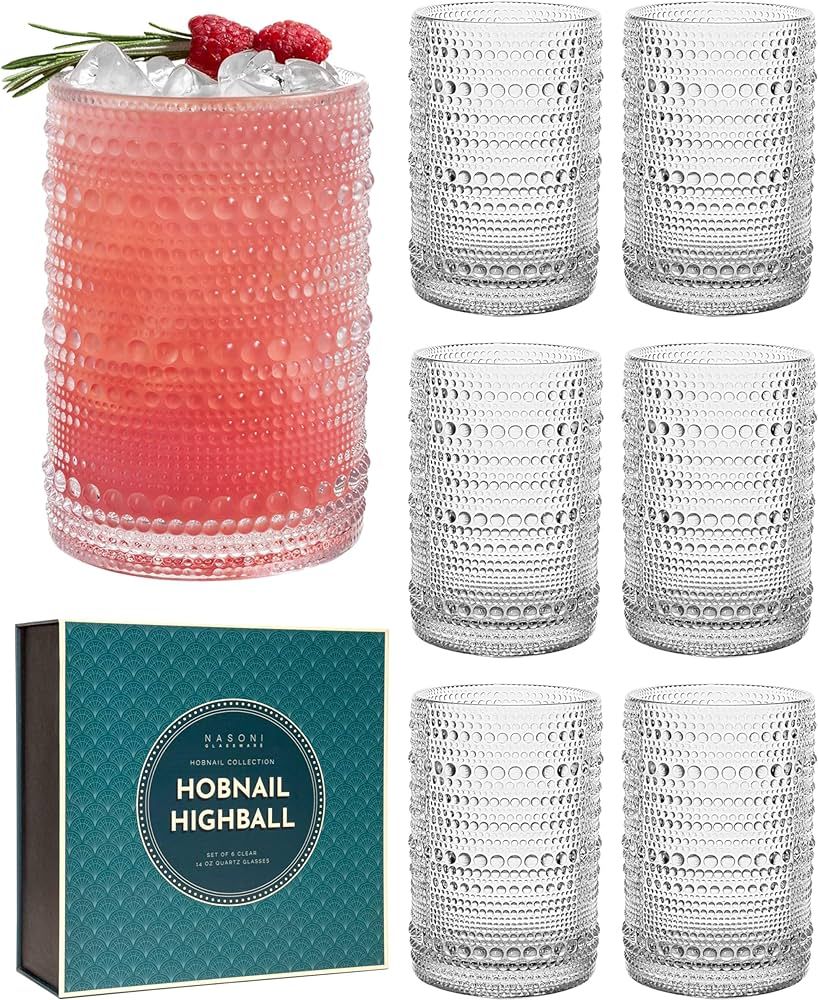 NASONI GLASSWARE 14 oz Hobnail Highball Glasses Set of 6 (Clear) - Embossed Beaded Glass Tumbler ... | Amazon (US)