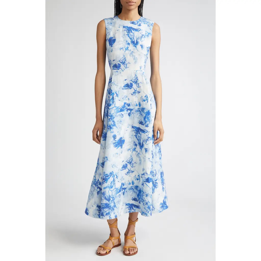 Lafayette 148 New York Floral Sleeveless Silk & Linen Fit & Flare Dress in Blue Oasis Multi at Nordstrom Rack, Size 12 | Nordstrom Rack