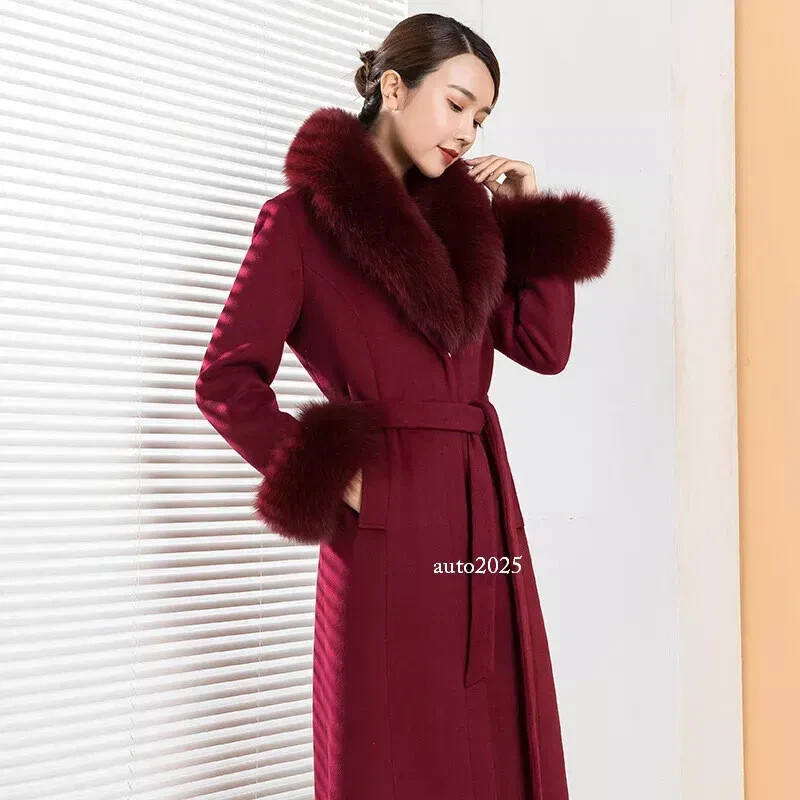 Womens Detachable Real Fox Fur Collar Coat Long Trench Wool Overcoat Slim Fit | eBay US