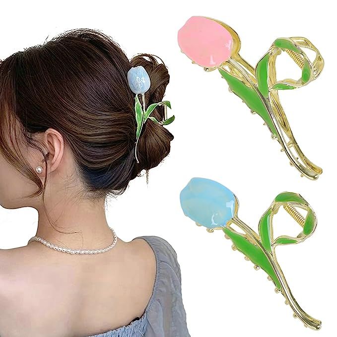 Hair Claw Clips for Women Flower 2Pcs Large Tulip Non-Slip Strong Metal Hair Clips Muticolor Hold... | Amazon (US)