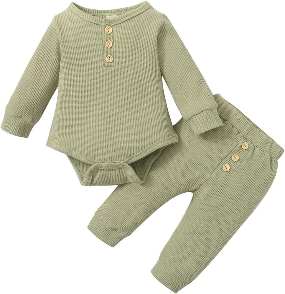 Newborn Baby Boy Girl Clothes Cotton Knitted Fall Winter Outfits Infant Solid Long Sleeve Romper Lon | Amazon (US)