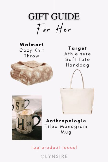 Gift guide for her / top gift ideas. Cozy knit throw pillow, athleisure soft tote handbag, tiled monogram mug 🎁 #LTKGiftGuide 

#LTKFind #LTKhome