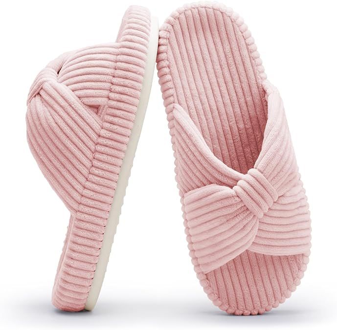 Slippers for Women Memory Foam House Bedroom Corduroy Bow Crossbands Slide Slipper Shoes Comfy Tr... | Amazon (US)