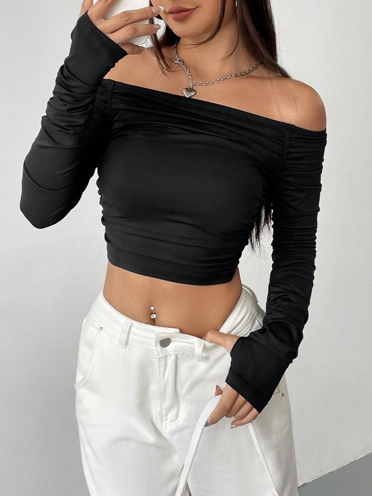 SHEIN EZwear Women's Y2K Off The Shoulder Long Sleeve Crop Tops Tight Fitted Fold Cropped Shirt Backless Going Out Tee | SHEIN