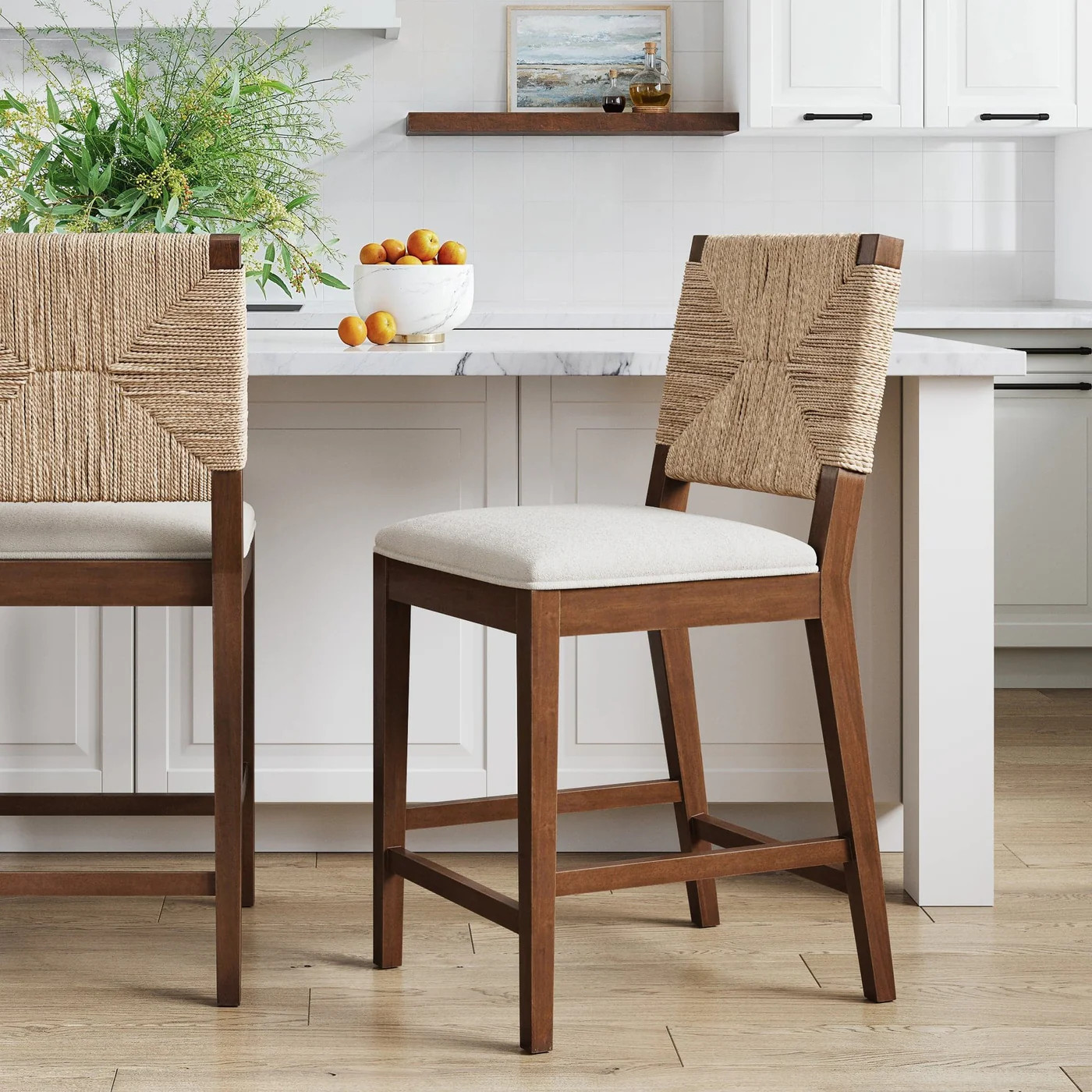 Boucle & Seagrass Counter Height Bar Stool Dark Brown | Nathan James