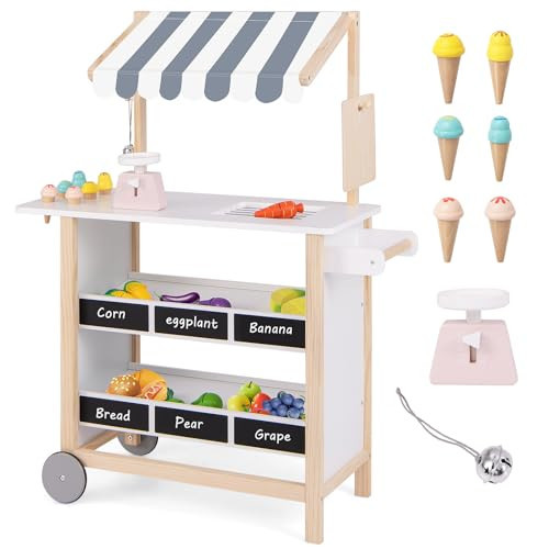 HONEY JOY Kids Ice Cream Cart, Wooden Grocery Store Playset w/6 Pieces Play Food, Realistic Bell & Food Scale, Chalkboard, Pretend Play Dessert Shop Counter Stand Truck, Gift for Boys Girls | Amazon (US)
