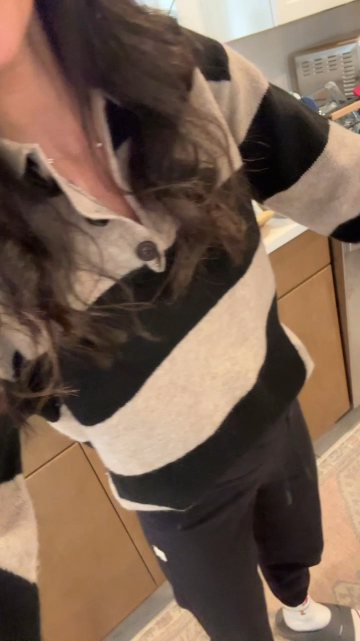 Cutest and coziest button polo sweater for $25! Also comes in gray. So cute with joggers or jeans! I’m wearing XS 