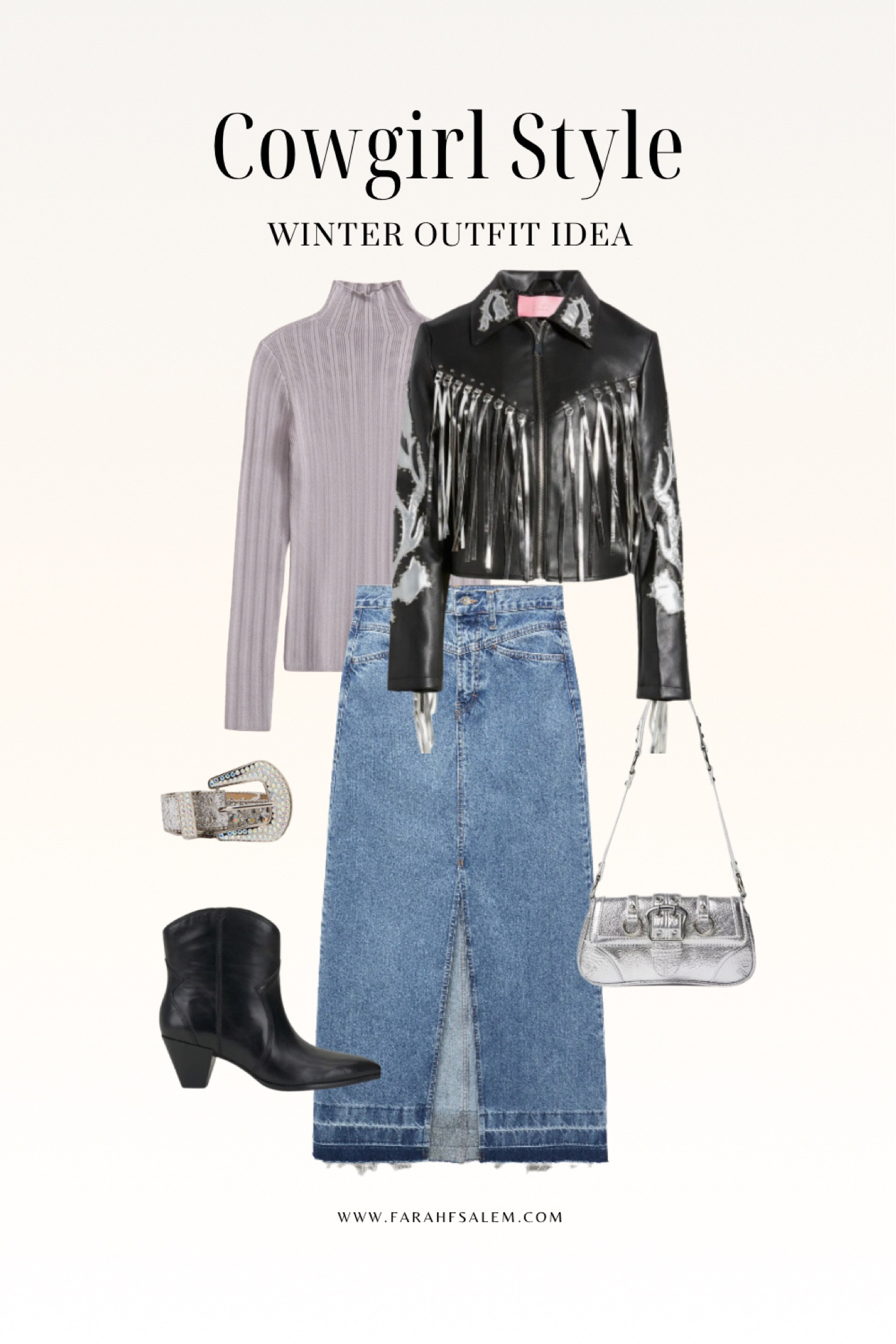 Edgy western style 
Leather jacket with fringes, denim skirt, cowboy boots, silver bag. 

#LTKSeasonal
