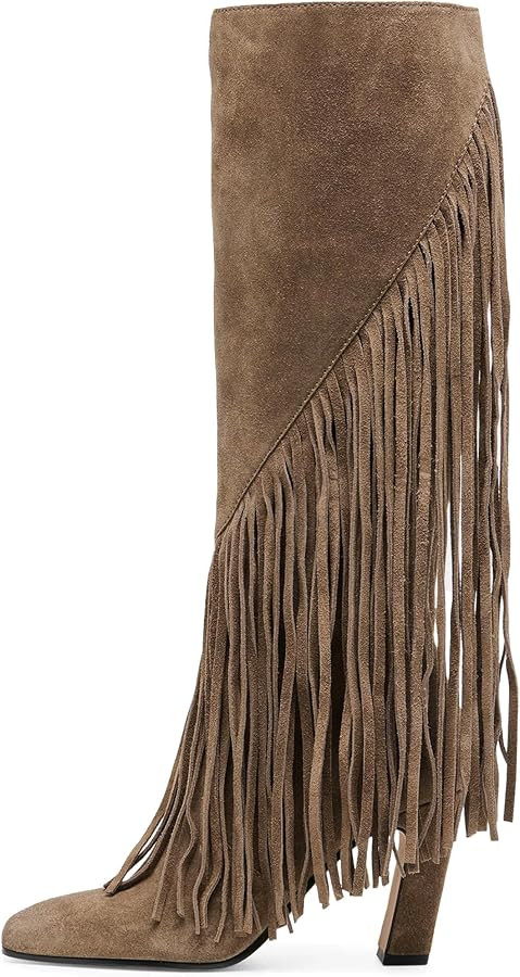Lovee Cosee Suede Knee High Boots for Women with Tassels Chunky Block Heel Square Toe Full Zipper... | Amazon (US)