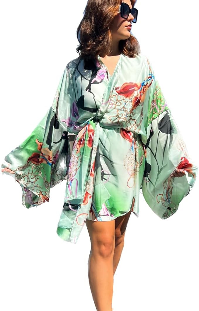 Starlet Scarlet Women’s Abstract Boho Open Front Loose Belted Sexy Silky Kimono Flowy Mini Dres... | Amazon (US)