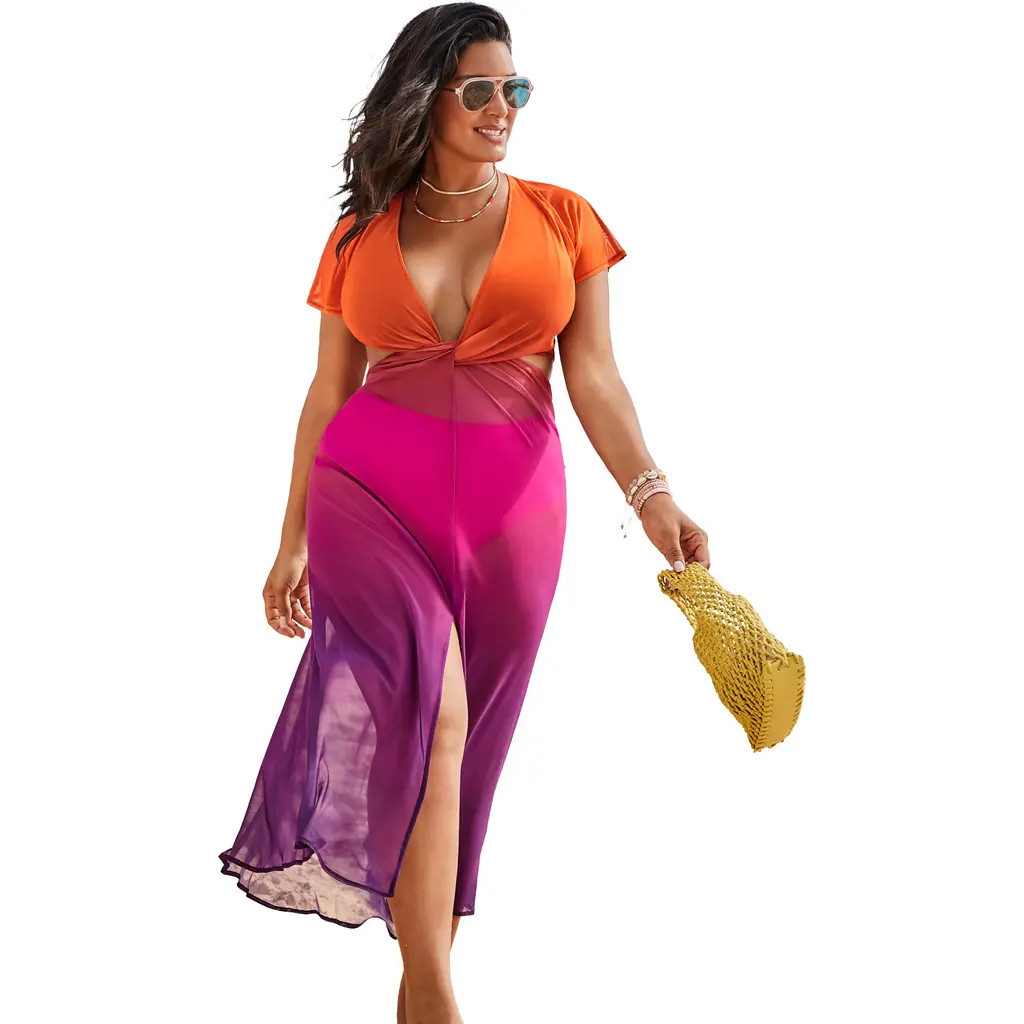 Swimsuits for All Twist Front Mesh Cut-Out Cover Up Dress in Pink Orange Ombre at Nordstrom, Size 12 | Nordstrom