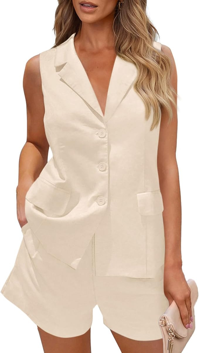 PRETTYGARDEN Women Summer 2 Piece Outfits 2025 Casual Lapel V Neck Button Down Vest Shorts Set Bu... | Amazon (US)