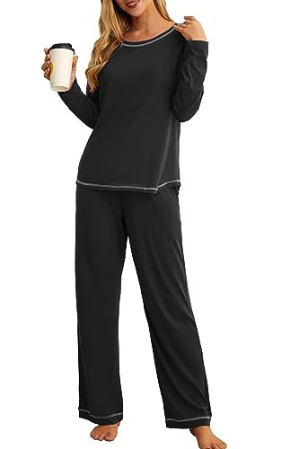 PrinStory Women's Pajama Set 2025 Lounge Sets Long Sleeve Sleepwear Soft 2 Piece Pjs with Pockets Black-M | Amazon (US)