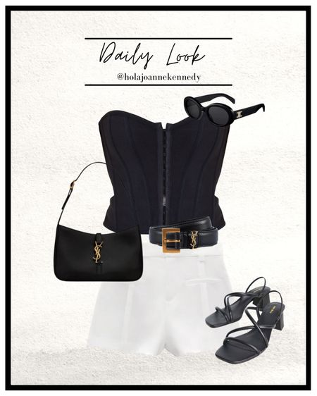 Summer night out outfit, summer evening outfit, white tailored shorts, black corset top, black bandage top, black bustier, black hook and eye top, ysl belt, ysl bag, black strappy block heels, monochrome outfit idea, black and white outfit 

#LTKeurope #LTKstyletip #LTKunder50