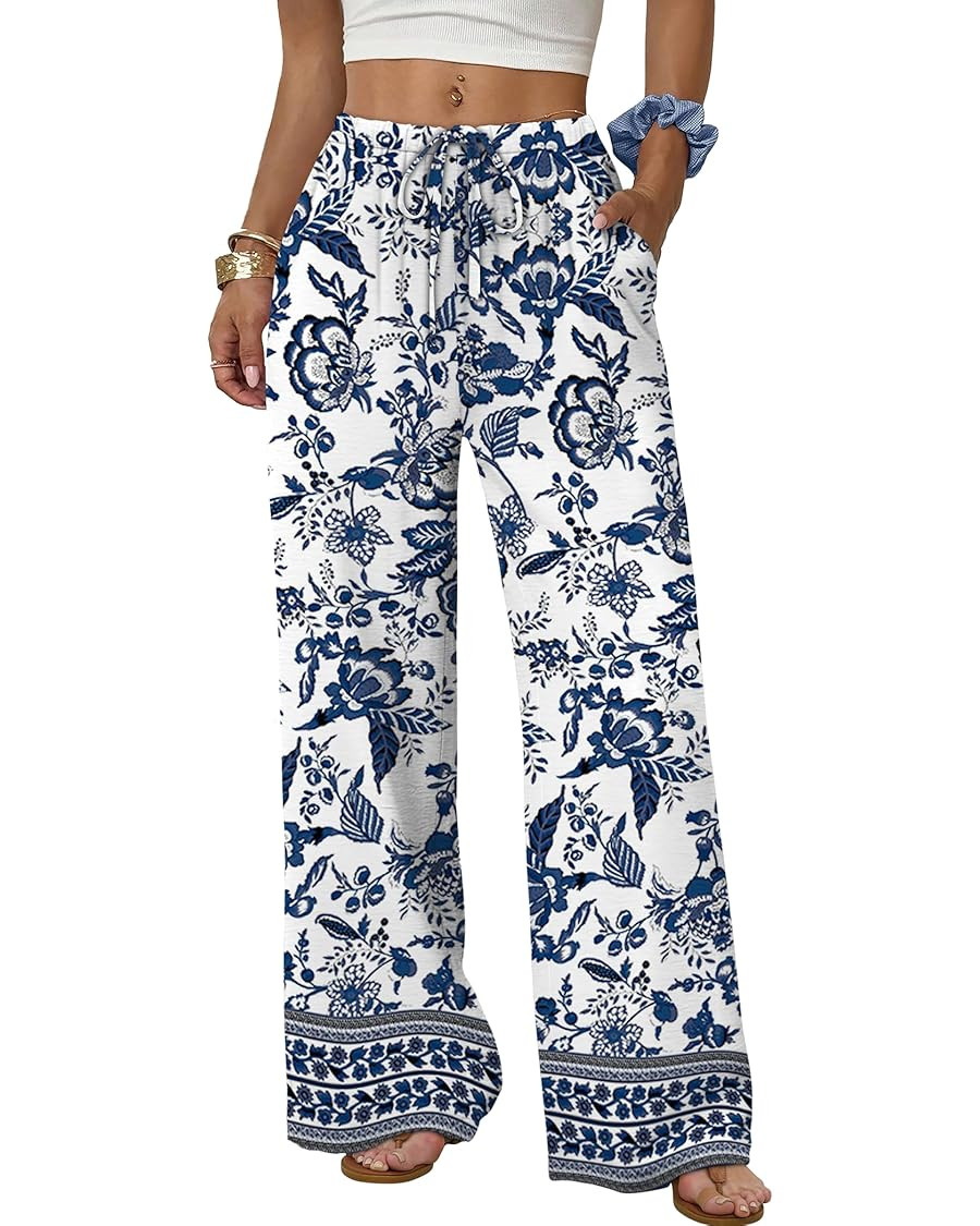 Sampeel Wide Leg Pants for Women Flowy Palazzo Drawstring Elastic Waist Trousers with Pockets Sum... | Amazon (US)