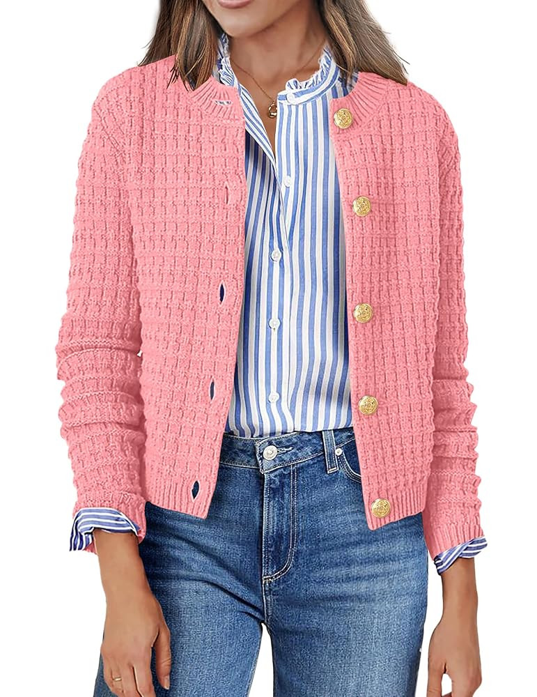 Zeagoo Women's 2025 Cardigan Sweaters Button Down Crew Neck Open Front Long Sleeve Knit Cropped J... | Amazon (US)