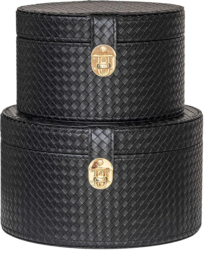 Large Leather Decorative Boxes Set of 2 Round Hat Box Bin Basket with Lid for Shelf Coffee Table ... | Amazon (US)