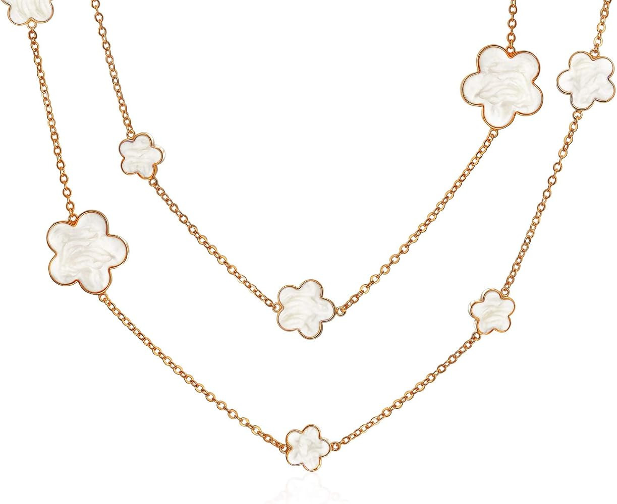 Fashion Off White Black Pink Enamel Large & Small Flower Long Silver Tone Gold Plated Station Chain  | Amazon (CA)
