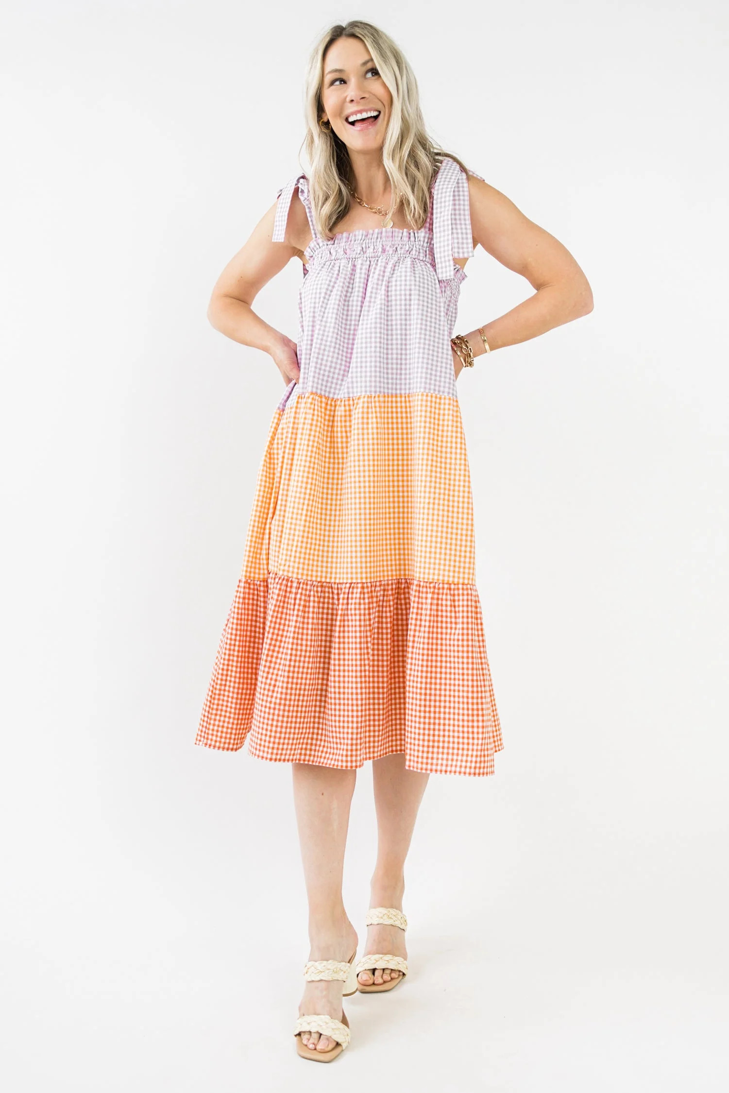 Follow The Sun Gingham Color Block Tie Shoulder Midi Dress - PINK COMBO | JO+CO