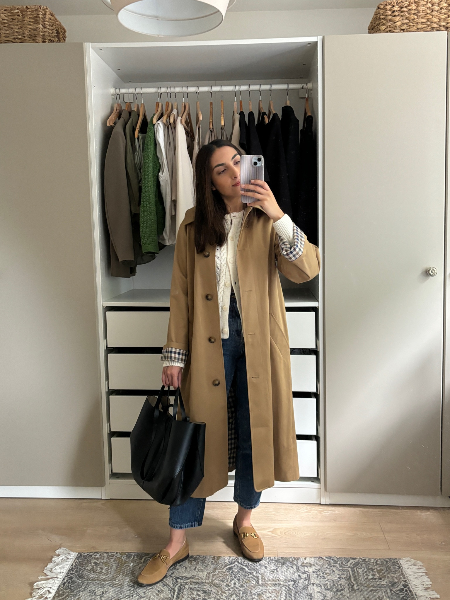 autumn fashion, clyde trench coat, white knit cardigan, blue jeans, straight leg jeans, dark blue, polene cyme, tan trench coat, sezane, mango, loro piana dupe, suede loafers 

#LTKSeasonal #LTKstyletip #LTKfindsunder50