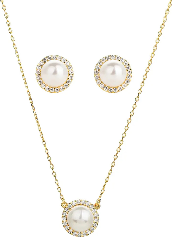 Sterling Silver 18k Gold Plated Eleanor Single Cultured Pearl Necklace & Stud Earrings Set Holida... | Nordstrom
