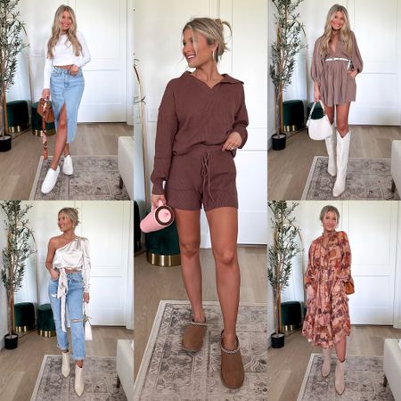 Florida fall outfits. Fall lounge set. Date night. Mom style. Casual outfit. Closet. Staple pieces. Denim midi skirt. One shoulder satin top. Fall trends. Forel midi dress. Family photo outfit. Western boots. UGG slippers. Fall sneakers. Fall shoes.

#LTKSeasonal #LTKstyletip #LTKshoecrush