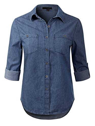 Design by Olivia Women's Basic Classic Long Sleeve Button Down Denim Jean Shirt Dark Denim L | Amazon (US)