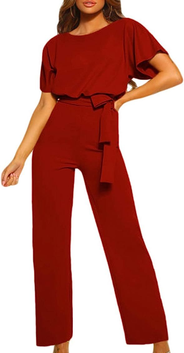 Happy Sailed Women Casual Loose Short Sleeve Belted Wide Leg Pant Romper Jumpsuits | Amazon (US)