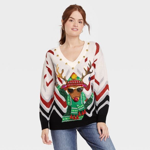 Women's Reindeer Sunglasses Graphic Pullover Sweater - White | Target