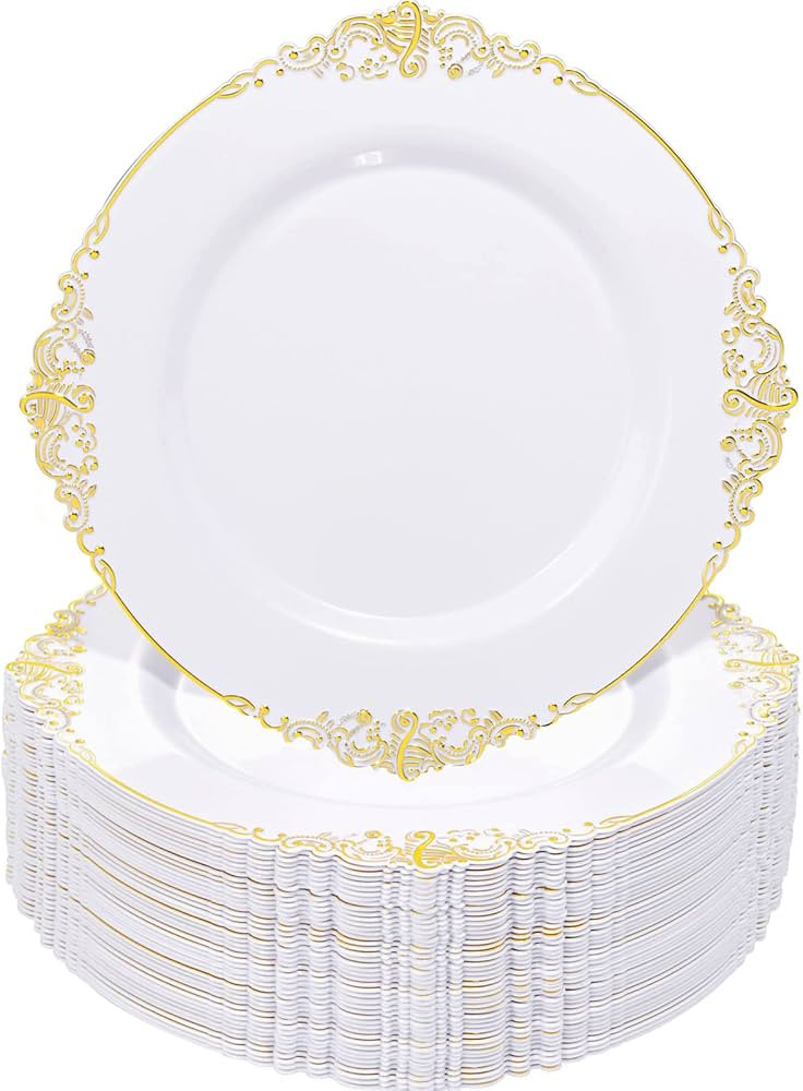 Nervure 100PCS White and Gold Plastic Plates - 10.25Inch Gold Disposable Plates - Heavyweight Gol... | Amazon (US)