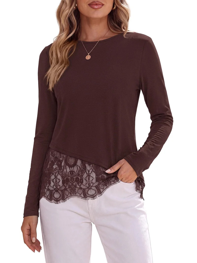 PRETTYGARDEN Women's Lace Patchwork Long Sleeve Shirts | Soft Casual Tops,Irregular Asymmetrical ... | Walmart (US)