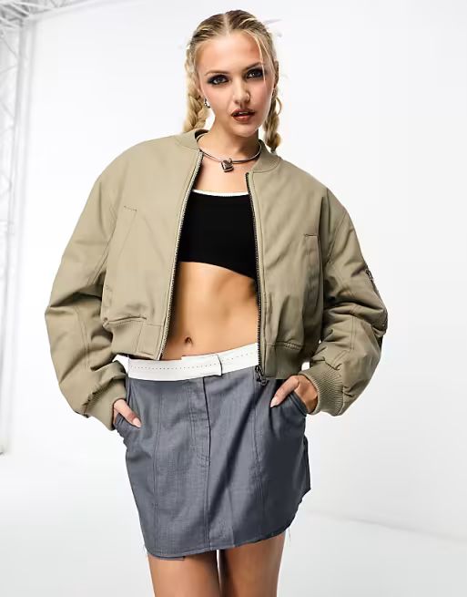 ASOS DESIGN washed cropped bomber jacket in mushroom | ASOS (Global)