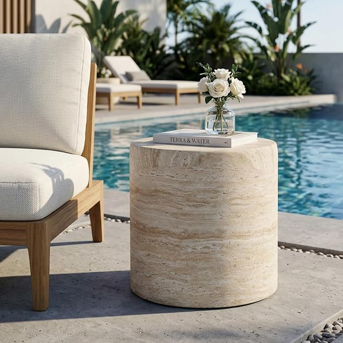 Outdoor Side Table Marble Cylinder Side Table Travertine End Tables Faux Stone Small Coffee Table... | Amazon (US)