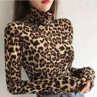 Long-Sleeve Turtleneck Leopard Print Bodysuit | YesStyle Global