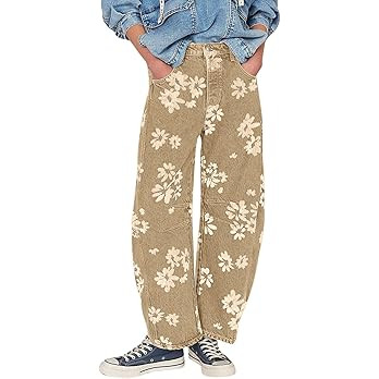 loveimgs Women Y2k Distressed Barrel Jeans Baggy Wide Leg Jeans Floral Printed Boyfriend Patchwor... | Amazon (US)