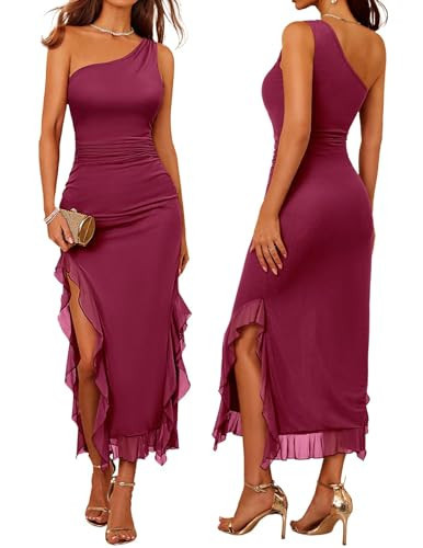 DRESSTELLS Women's Cocktail Party Formal Wedding Guest Dress Long One Shoulder Mesh Sexy Ruched Bodycon Ruffle High Slit Maxi Evening Gown Burgundy L | Amazon (US)