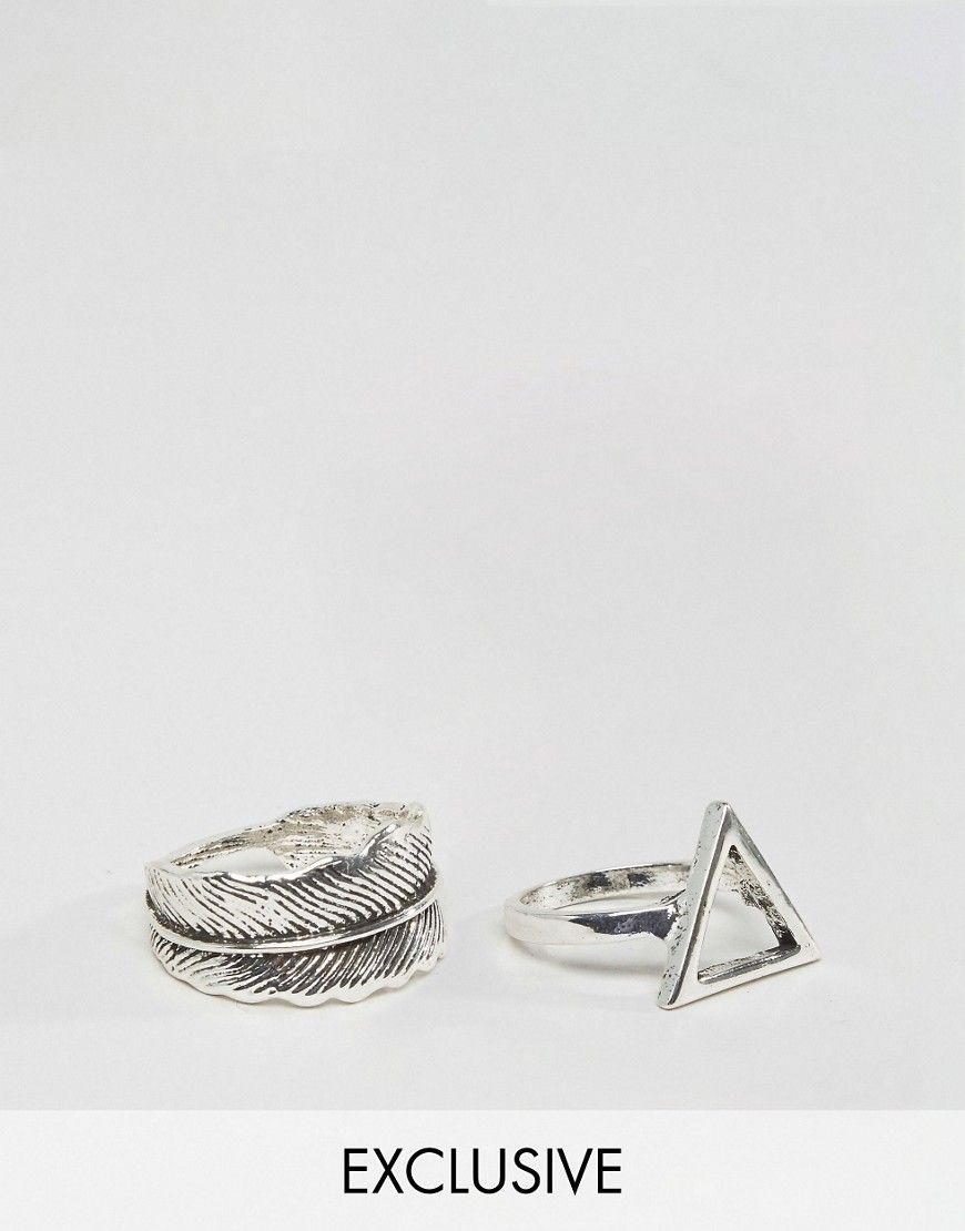DesignB Feather & Triangle Ring In 2 Pack Exclusive To ASOS - Silver | Asos ROW