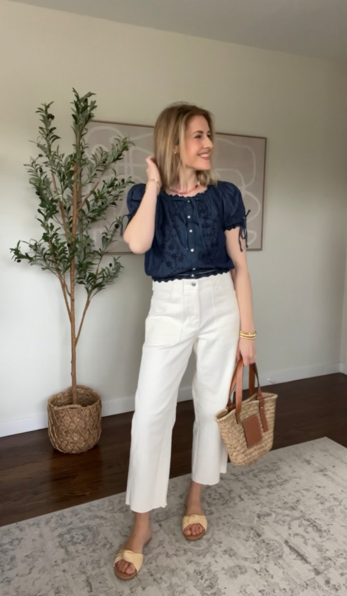 Crop puff sleeve top with embroidery looks and feels expensive, doesn’t show the midriff. I’m in my usual size small. Barrel jeans are $28 (compare to madewell’s $138!) #walmartfashion 

#LTKOver40