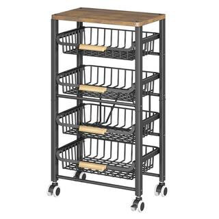 Black Metal Fruit Basket Kitchen Cart Wood Top Wheels, 5-Tier Large Pull-Out Wire Basket | The Home Depot