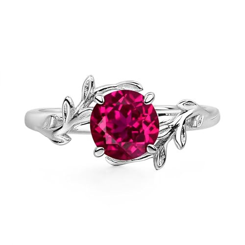 LUO 925 Sterling Silver 7x7mm Engagement Ring, Round Shaped Ruby Ring with Leaf Design July Birthstone Promise Rings for Women Size 8.5 | Amazon (US)