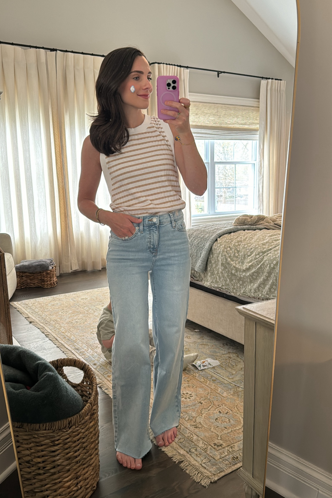 Comfy wide leg jeans under $50 and a striped tank top. 

#LTKfindsunder50 #LTKstyletip #LTKSeasonal