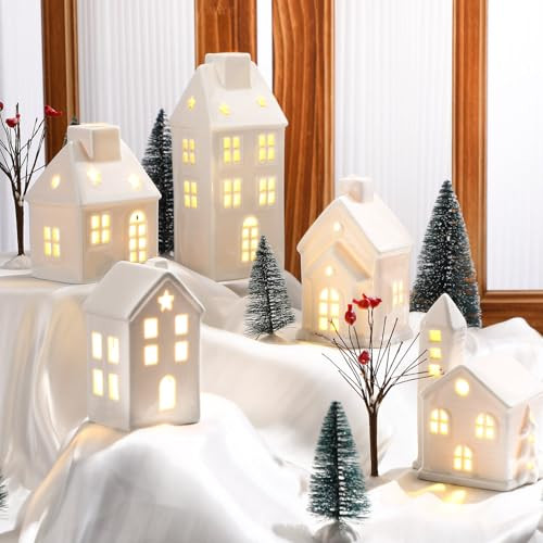 WinnerWhy 24 Pcs Christmas Village House LED Lighted Village Set Mini Christmas Tree Ceramic House Streetlight Branches Winter Accessories Ornament for Xmas Desktop Decor(5 Style) | Amazon (US)