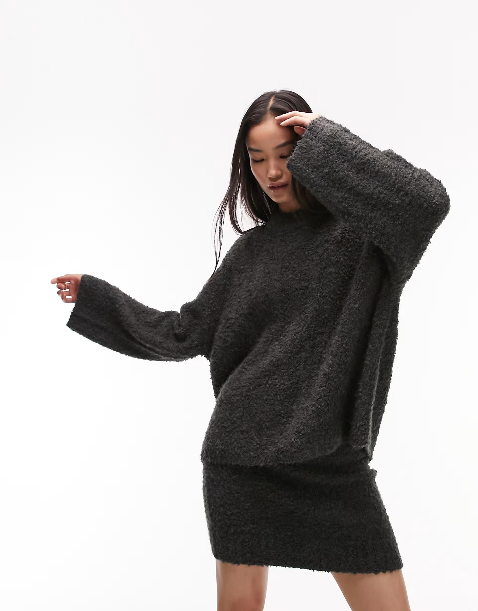 Topshop knitted textured boucle slouchy crew neck sweater in charcoal - part of a set | ASOS (Global)