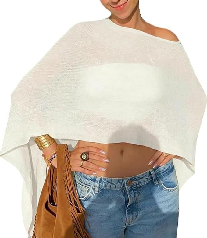 Seyumixi Knit Sheer Poncho Top for Women Y2k Asymmetric Shrug Beach Cover Up See Through Lightwei... | Amazon (US)