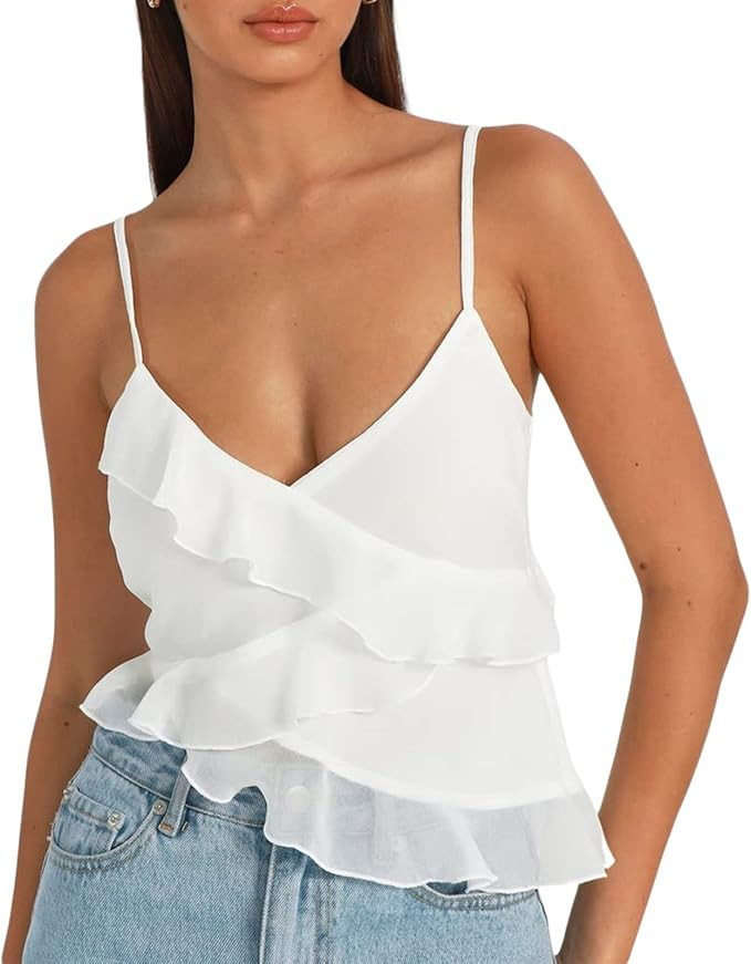 Women's Y2K Backless Spaghetti Strap Sexy Ruffle V Neck Tank Tops Cute Crop Tops 2023 Summer Fash... | Amazon (US)