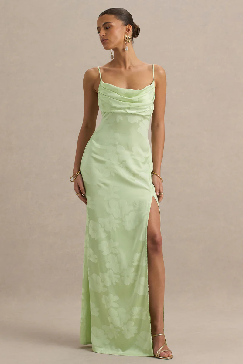 Maddie | Light Green Floral Print Satin Cowl-Neck Maxi Dress | Club L London