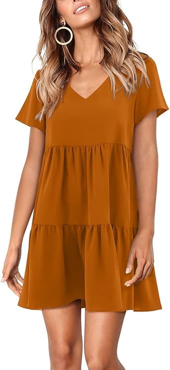 Amoretu Women Summer Tunic Dress V Neck Casual Loose Flowy Swing Shift Dresses | Amazon (US)