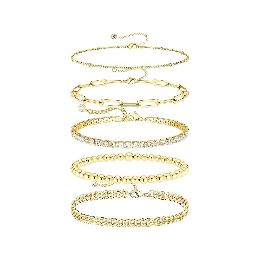 DEARMAY Gold Bracelets - Real 14K Women's Cute Tennis Cubic Beaded Link Paperclip Dainty Bracelet... | Amazon (US)